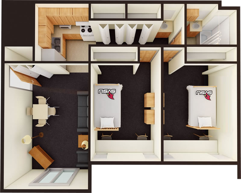 Pine Grove Shared Apartment Option 1 3D Floor Plan in color